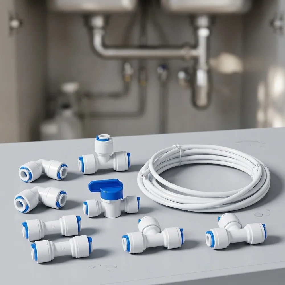 Water Connection Kit for Ice Makers Coffee Machines and RO Systems Featuring 20 Ft Polyethylene Tubing and Six Fittings