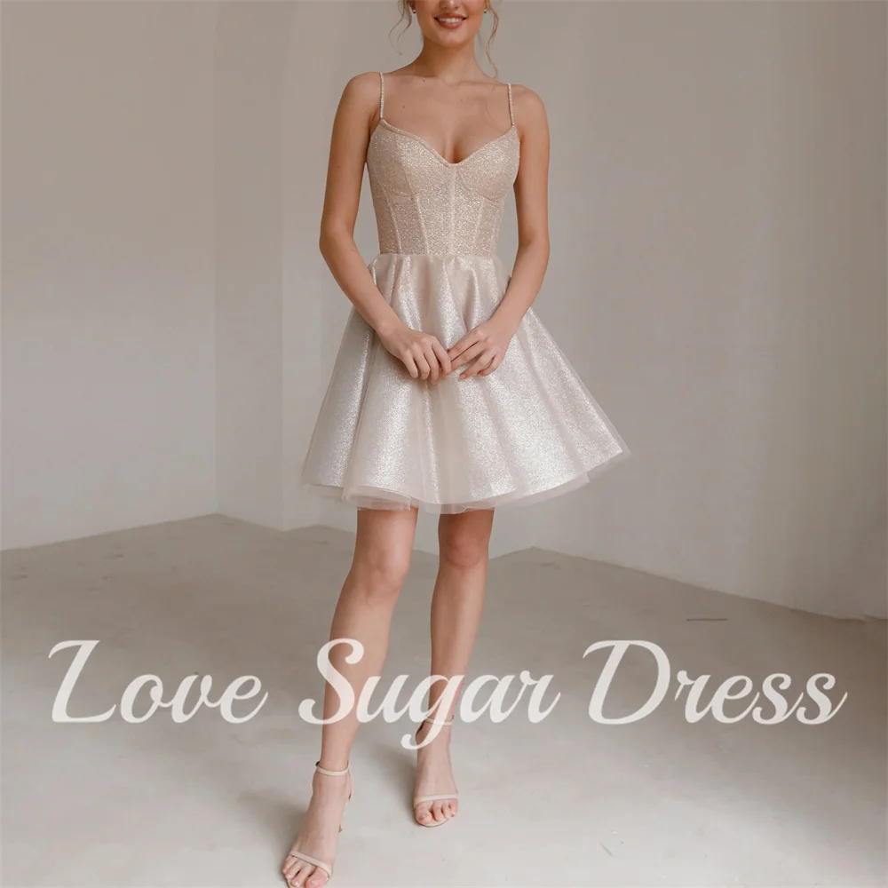 

Sparkly Tulle Short Wedding Dresses V Neck Spaghetti Strap Bridal Gowns Back Lace Up Mini Bride Dress vestidos para mujer