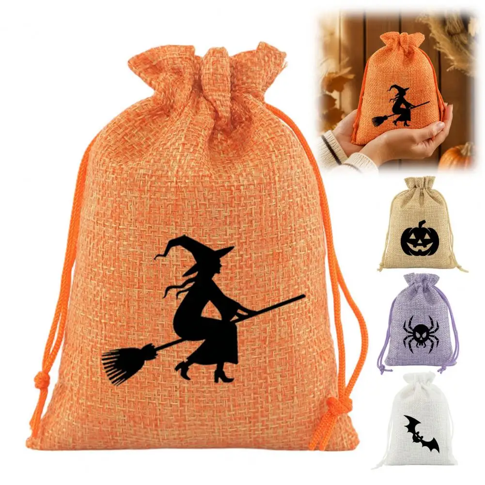 2PCS Linen Halloween Drawstring Bag Reusable Cute Pumpkin Face Candy Bag Cartoon Jewelry Storage Bags For Reusable Party