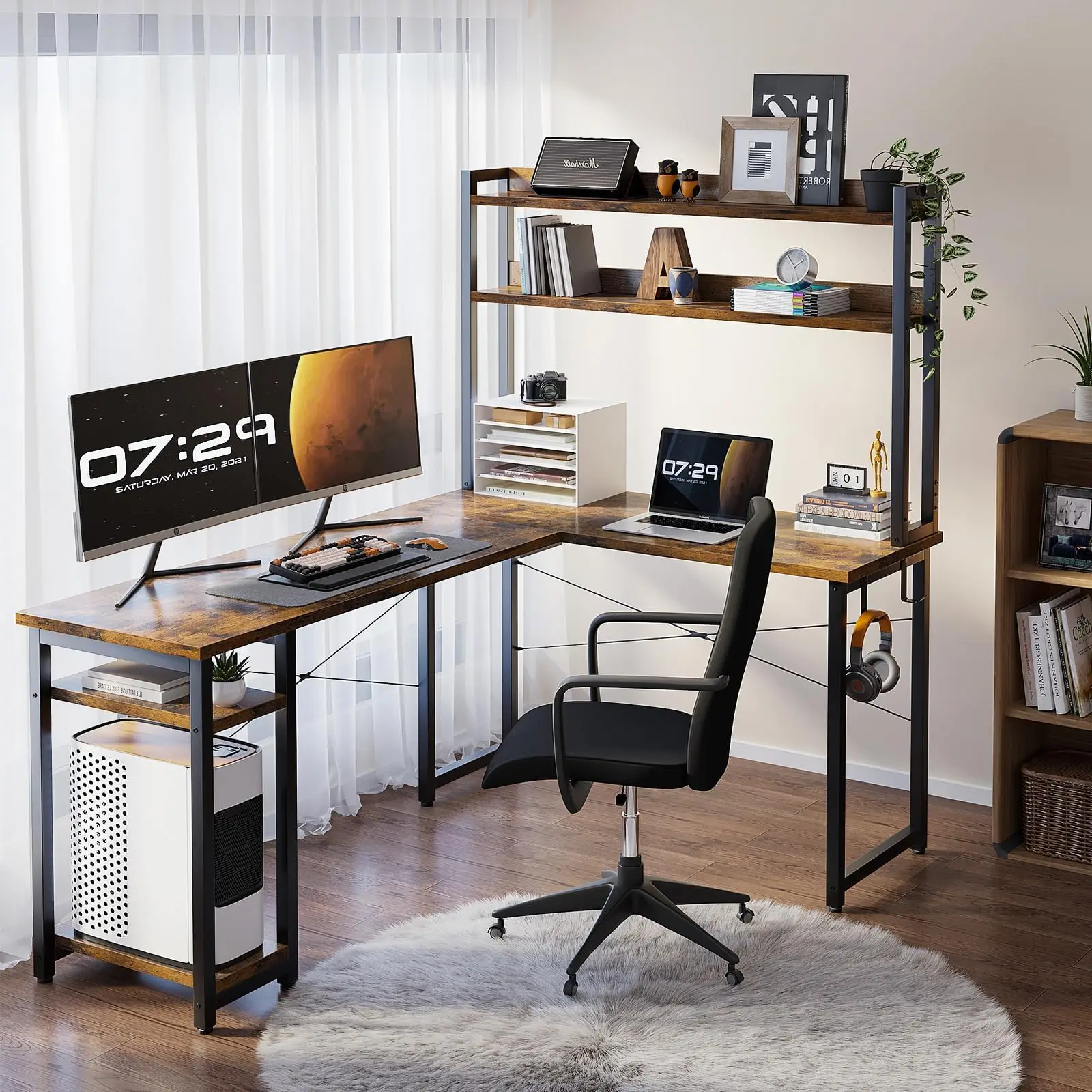 

L Shaped Desk With Hutch And Storage Shelves 66 Inch Home Office Corner Computer Workstation Rustic Brown