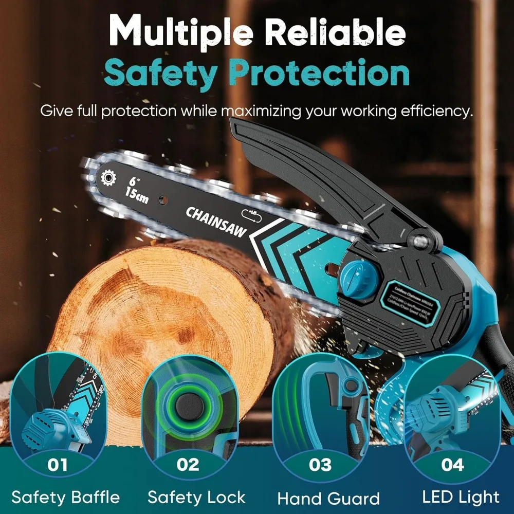 6-Inch Mini Chainsaw, Cordless with 2 Batteries, Portable for Wood Cutting and Tree Trimming, Ideal Gift for Men in Blue