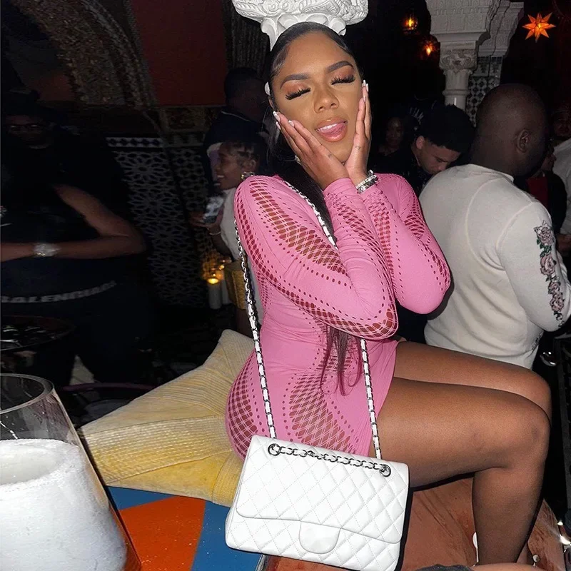 Damska seksowna mini sukienka z wycięciem siateczkowa z długim rękawem bezszwowa odzież klubowa Bodycon wycięcie Mini sukienka