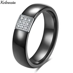 Kolmnsta 6mm Black/White Ceramic Wedding Rings For Women Shiny Zircon Inlaid Finger Ring Stainless Steel Engagement Jewelry Gift