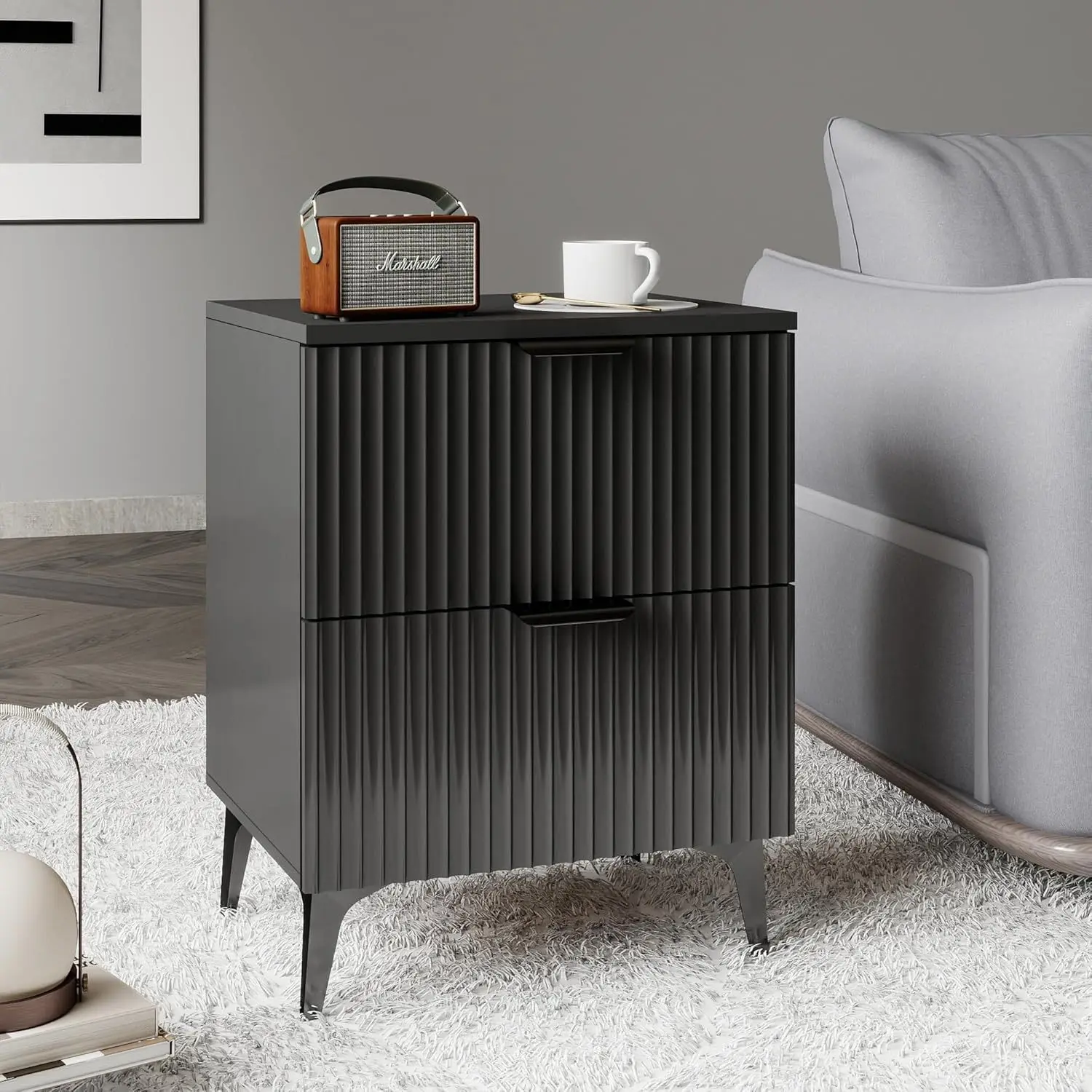 HYS Bedroom Black Bedside Table Grooved Drawer Bedside Table Furniture with Gold Metal Feet