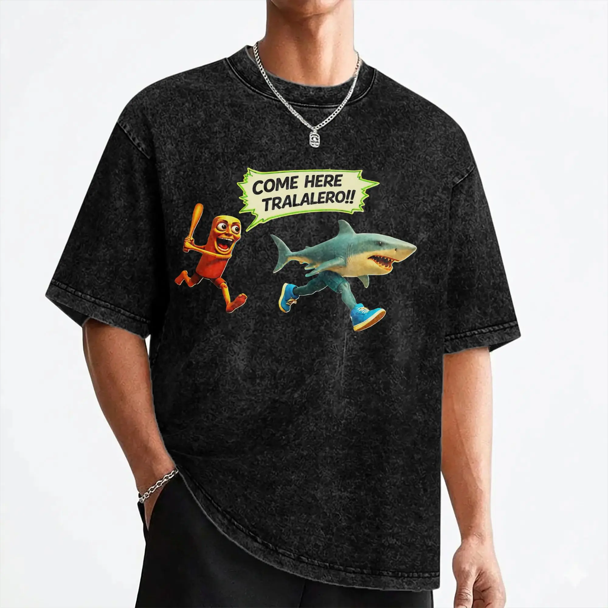 Tung Tung Sahur Chasing Tralalero Tralala  T Shirt Hip Hop Washed  Oversize T-Shirts  Vintage for Men Women Tops Streetwear Tees