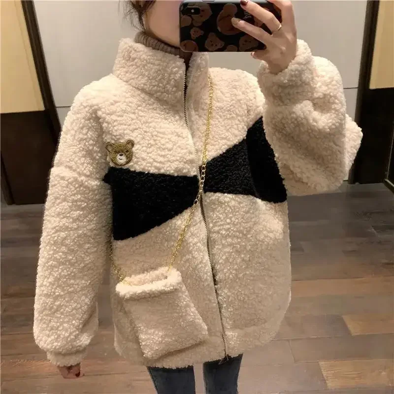 Thickened with Cashmere Cashmere Hoodie Female 2024 Autumn Winter Pie To Overcome Lazy Bear Embroidery Cardigan Top Coat Female