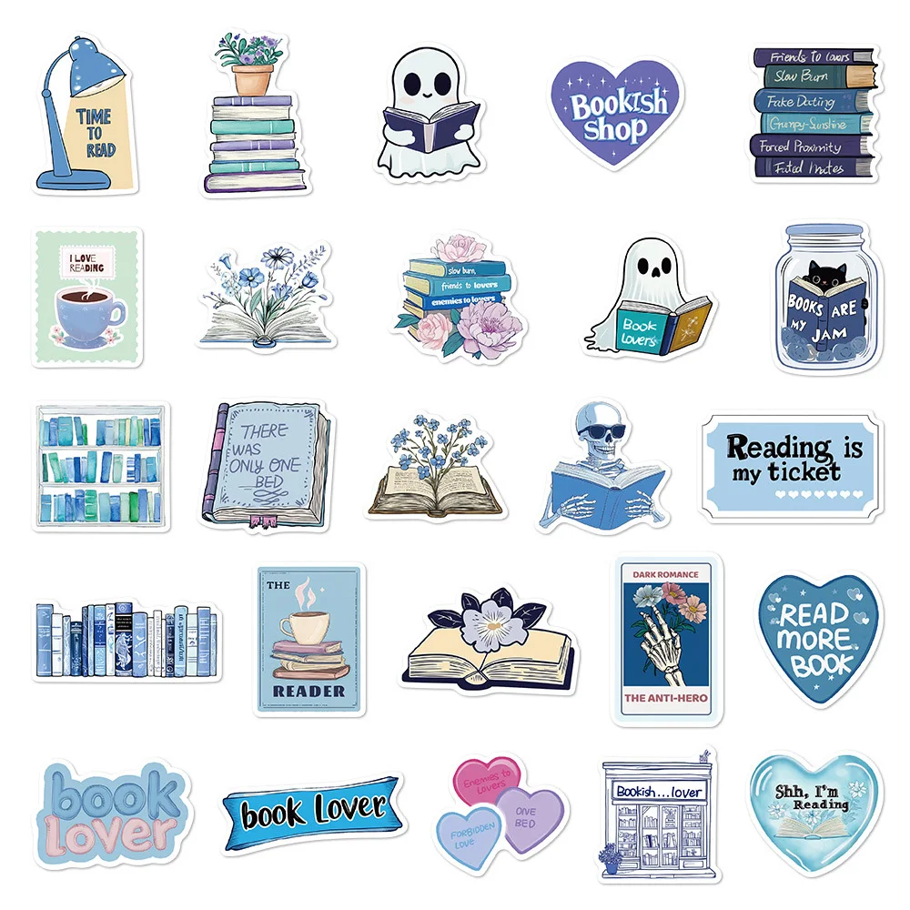 10/30/50szt Cute Cartoon Blue Bookish Stickers Reading Book Decals Scrapbook Phone Case Luggage Funny Graffiti Decals Decoration