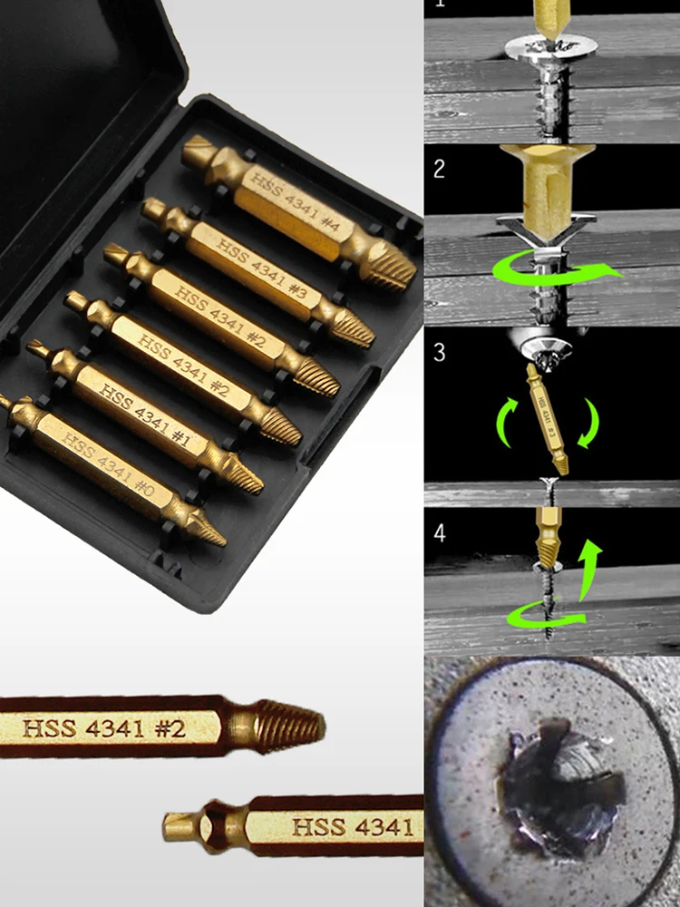 Kit de 6 extracteurs HSS à double tête pour vis cassées, embouts de tournevis pour l'extraction de vis, outil pour vis à visser, accessoire pour outil électrique