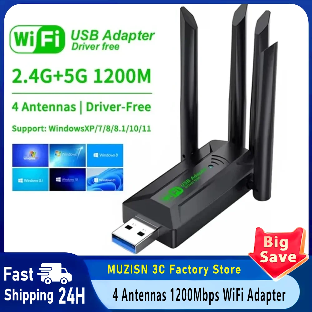 

Original 4 Antennas 1200Mbps WiFi USB 3.0 Adapter 2.4G/5GHZ Dual Band WiFi Dongle Wireless Network Card 802.11AX For Win 10/11