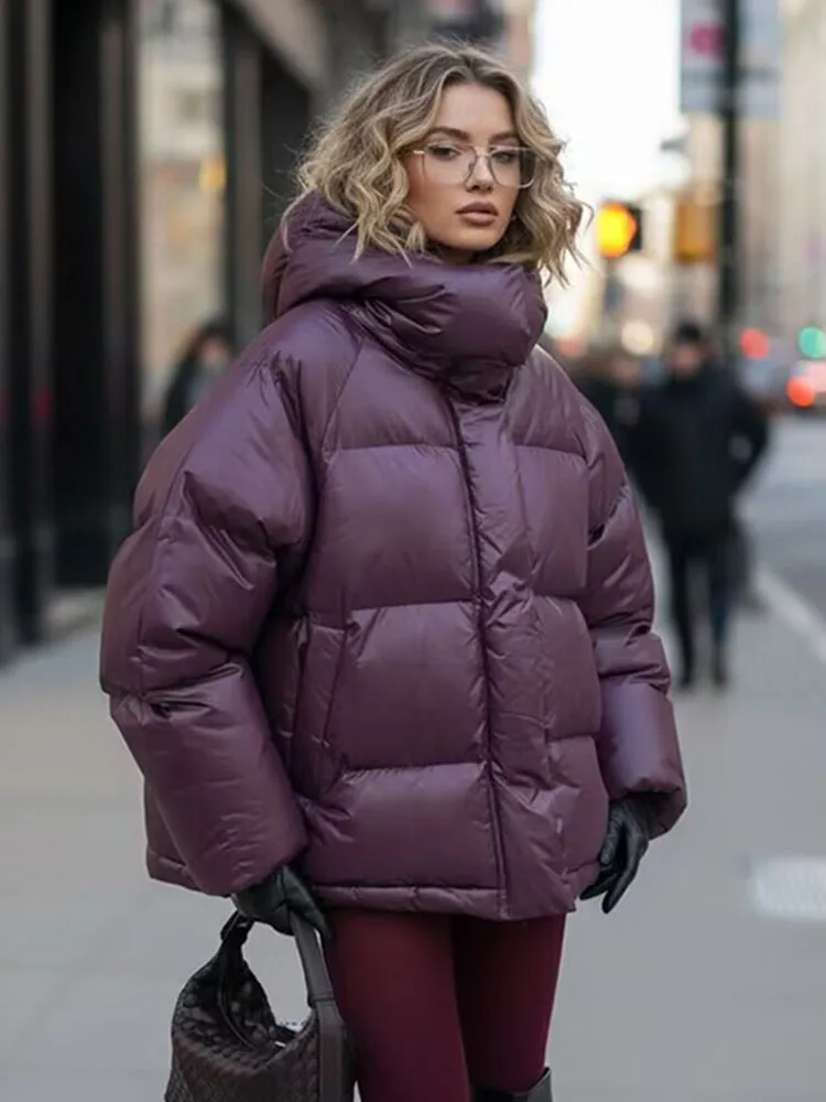 Damska kurtka bawełniana z kapturem, luźna, uniwersalna, nowa kolekcja zima 2025, styl high street, zapinana na zamek, z długim rękawem.