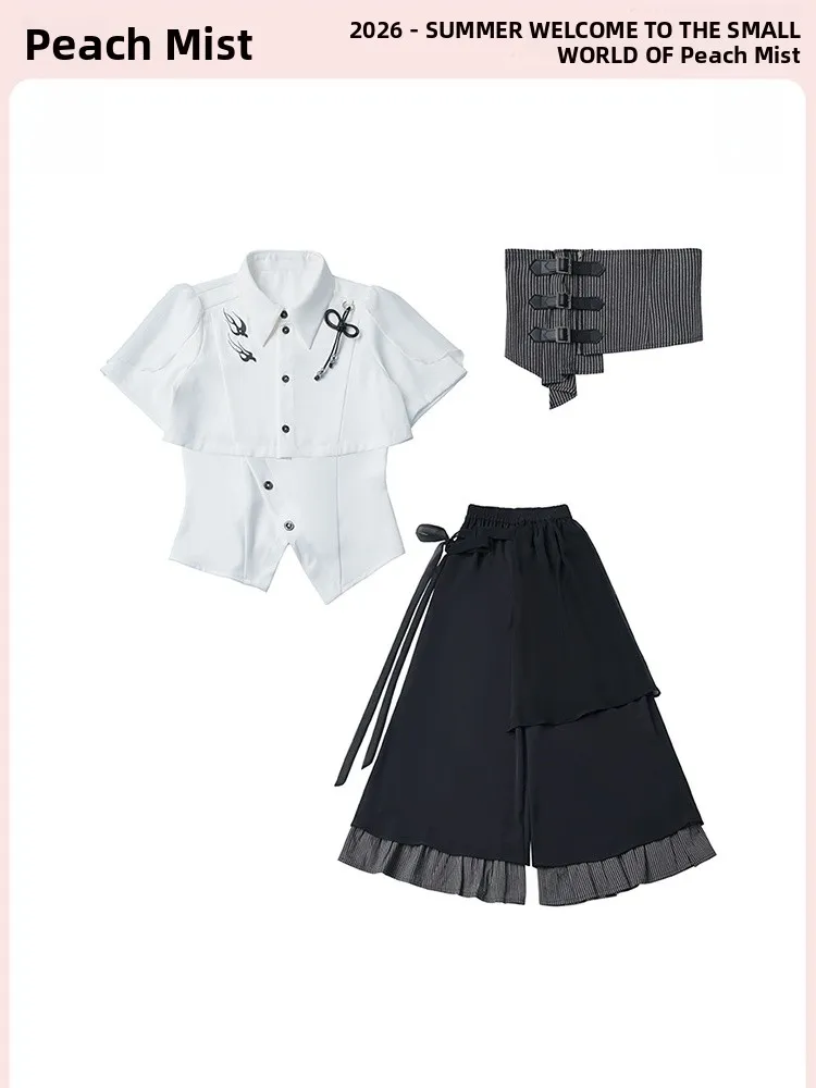 Summer New Chinese Style White Short Sleeve Shirt Women's Waist Seal Striped Splicing Long Pants Three-piece Set Slimming Effect
