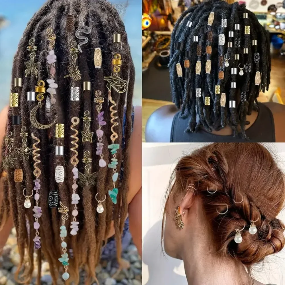 

121/146PCS Hair Jewelry for Braid Alloy Dreadlock Hair Rings Cuffs Natural Stone Charm Headwear Hair Accessories for Women Girls