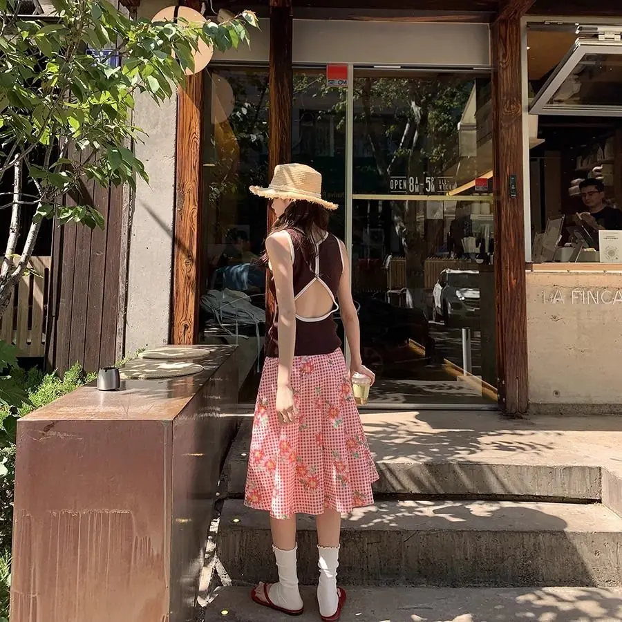 Rural Style Korean Fashion Red Plaid Flower Pattern Skirts Mid Length A-line Full Skirts Sweet Young Women Girls Beautiful Skirt