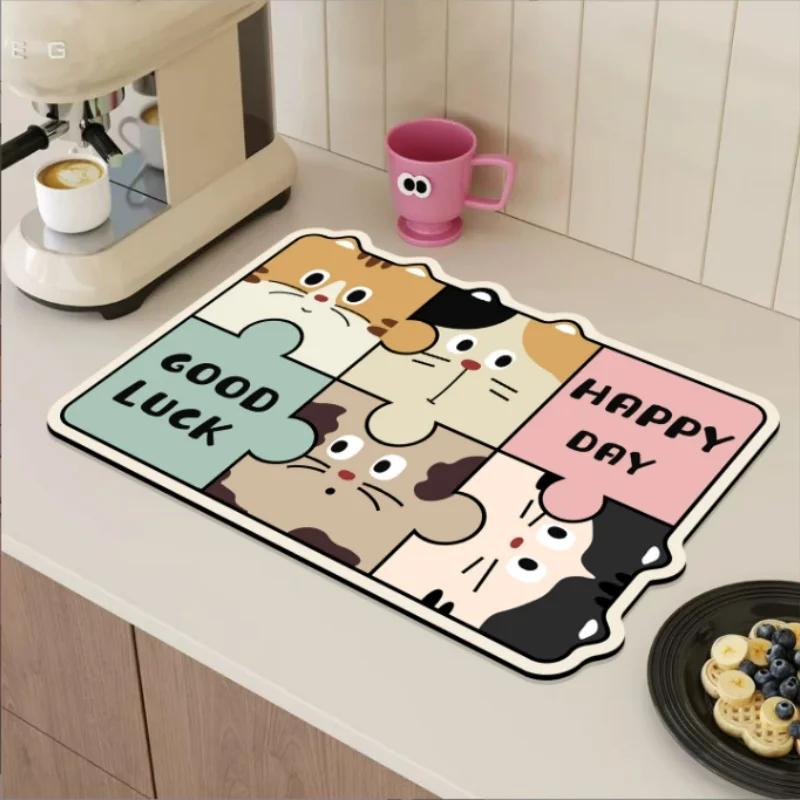 40x60CM Cartoon Puzzle Kitchen Drain Pad Soft Diatom Mud Absorbent Coaster Heat-Insulating Quick Drying Anti-Slip Placemat
