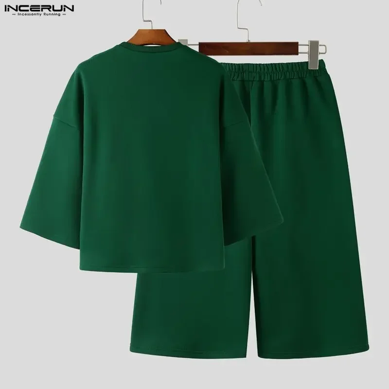 INCERUN Men Sets Solid Color Baggy 3/4 Sleeve Hoodies & Calf-length Pants Two Pieces Sets Streetwear Loose Fashion Men's Suits view 5
