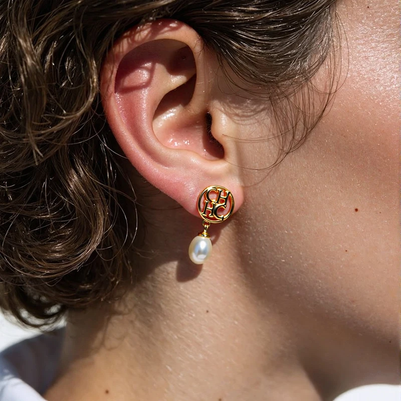 

CH Pearl Dangle Stud Earrings Gold Plated with Monogram Leaf Design Vintage Elegant Jewelry For Women Gift