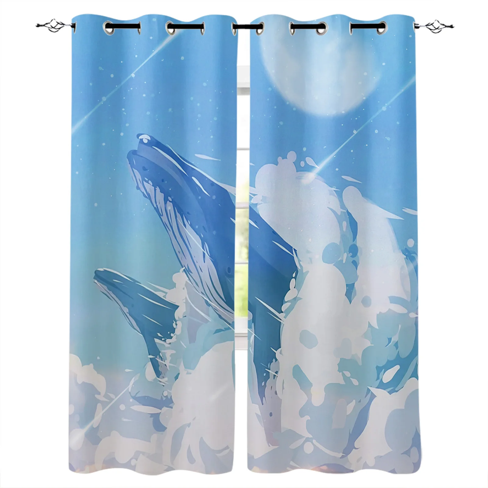 Blue Sky Shooting Stars Clouds Whales Print Curtains For Kitchen Bedroom Window Curtains for Living Room Home Decor Drapes