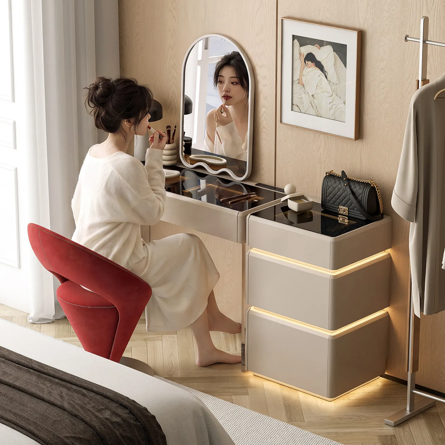 Bedroom solid wood bedside table dresser minimalist retractable chest dresser integrated makeup table