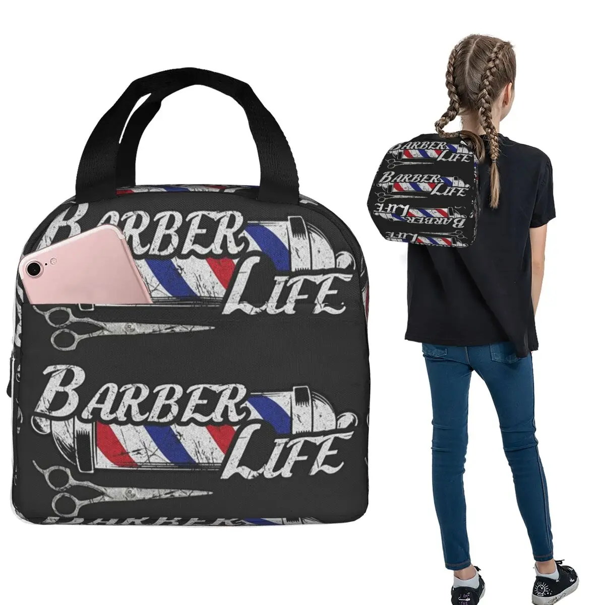Barber Shop Sign Entrance Insulated Lunch Bag for Women Kids Portable Food Boxes Thermal Lunch Box Tote