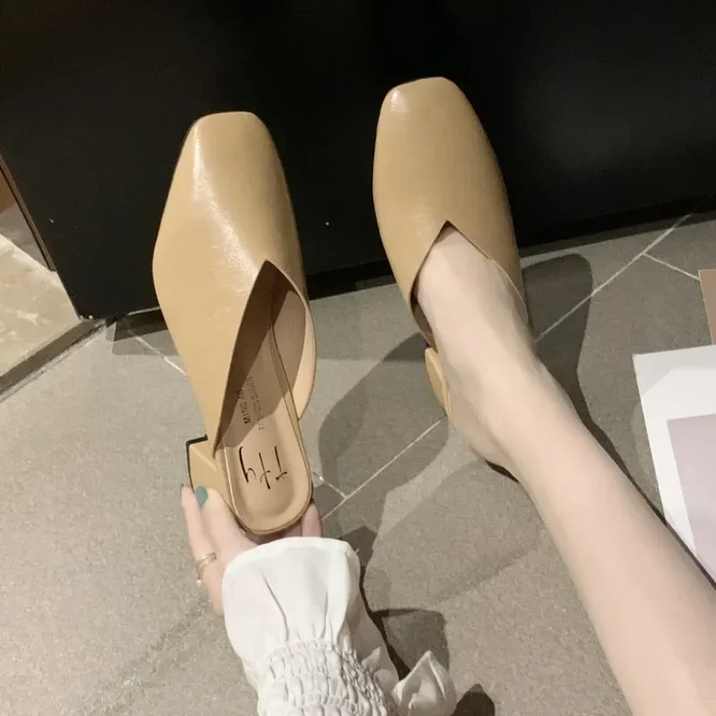 Baotou Half Slippers Women 2024 Summer New Outer Wear Fashion Solid Color Square Toe Thick Heel High-heeled Women's Shoes
