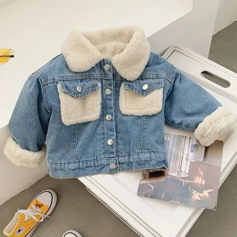 Children coats fleece thickened denim jacket new style 2023 winter new girls Korean warm denim clothes boys baby fashion