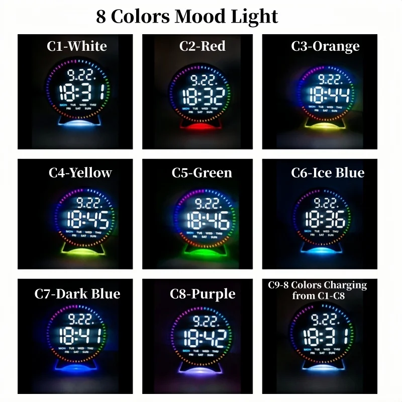 Digital Alarm Clock Week Date Second Hand Display Mood Light Dual Alarm Auto Dimmable Snooze Table Clock 12/24H DST LED Clock
