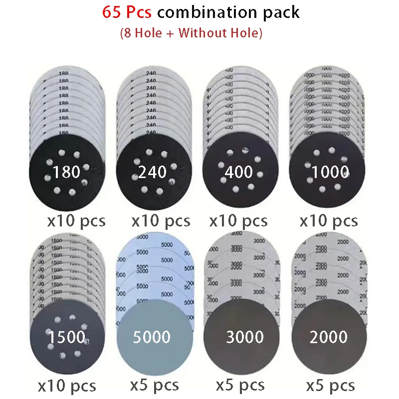 5 Inches/125 Mm, 65 Pieces of Dry and Wet Sandpaper, 8-hole Dry and Wet Sandpaper, with Hook and Loop Backing, Various Grits
