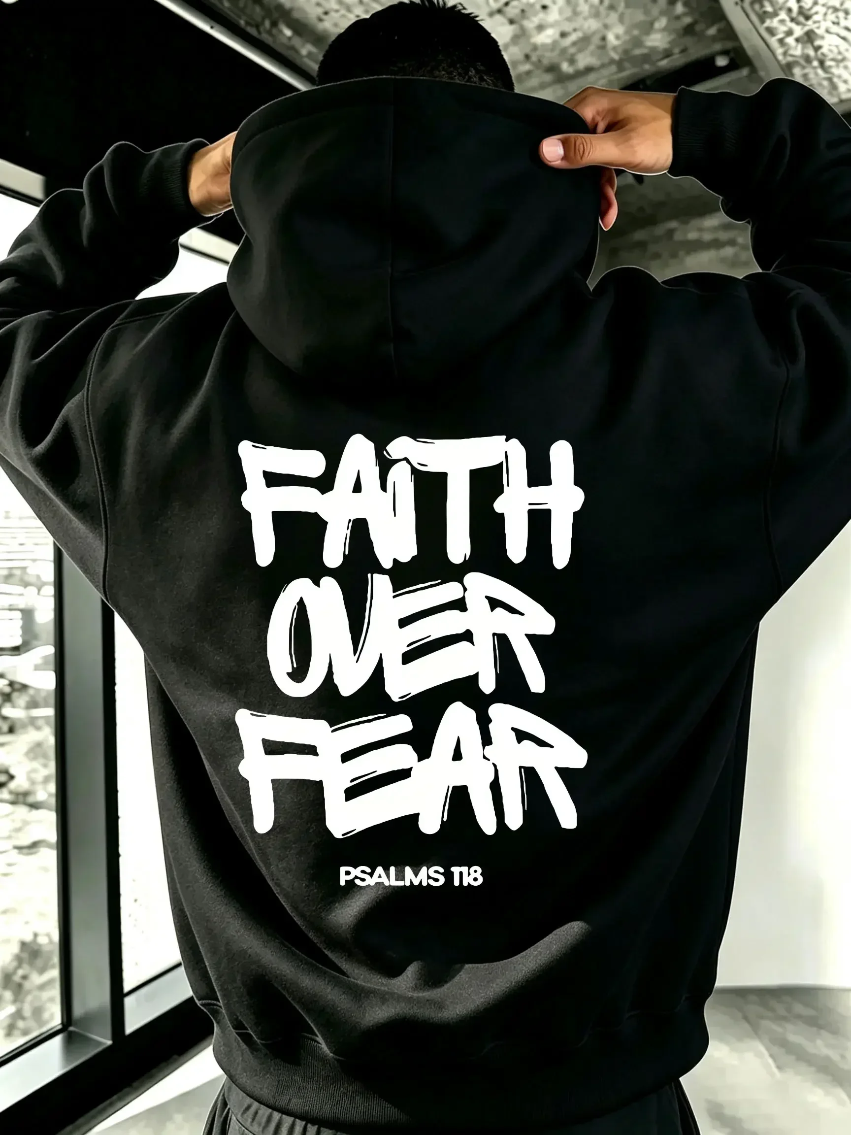 FAITH OVER FEAR Double-Sided Hoodie with Bold Brushstrokes and Graffiti Design PSALMS118 Vertical Lettering Unisex Oversized Sweatshirt 【Runs Small, Order One Size Up】,sohochic