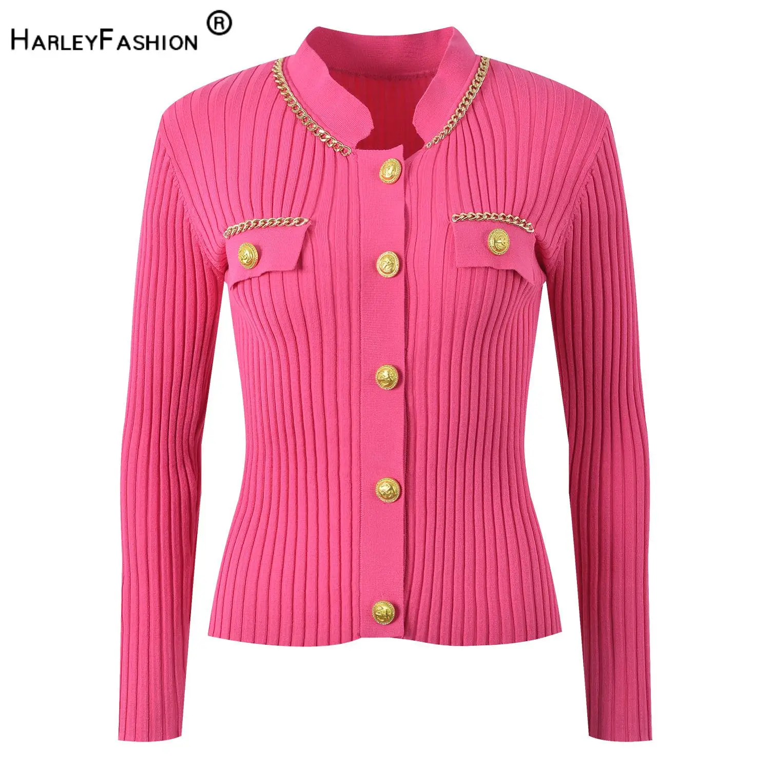 Lady Elegant Style Chain Decoration Long Sleeve Single-breasted Casual Office Coat Women Slim Fitted Knits Cardigan