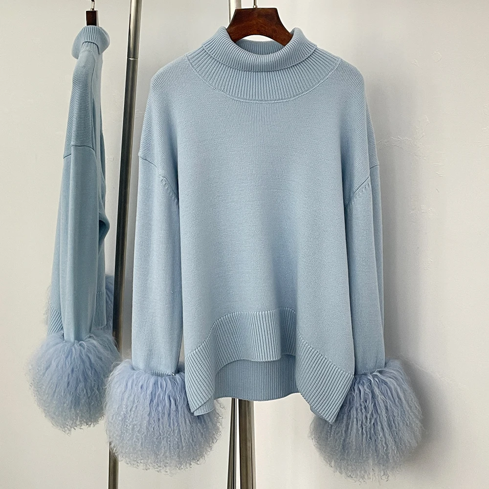 OFTBUY Real Mongolia Sheep Fur Sweater Spring Autumn Oversize Cardigan Women High Collar Pullover Female Cuffs Fur Knitting Coat