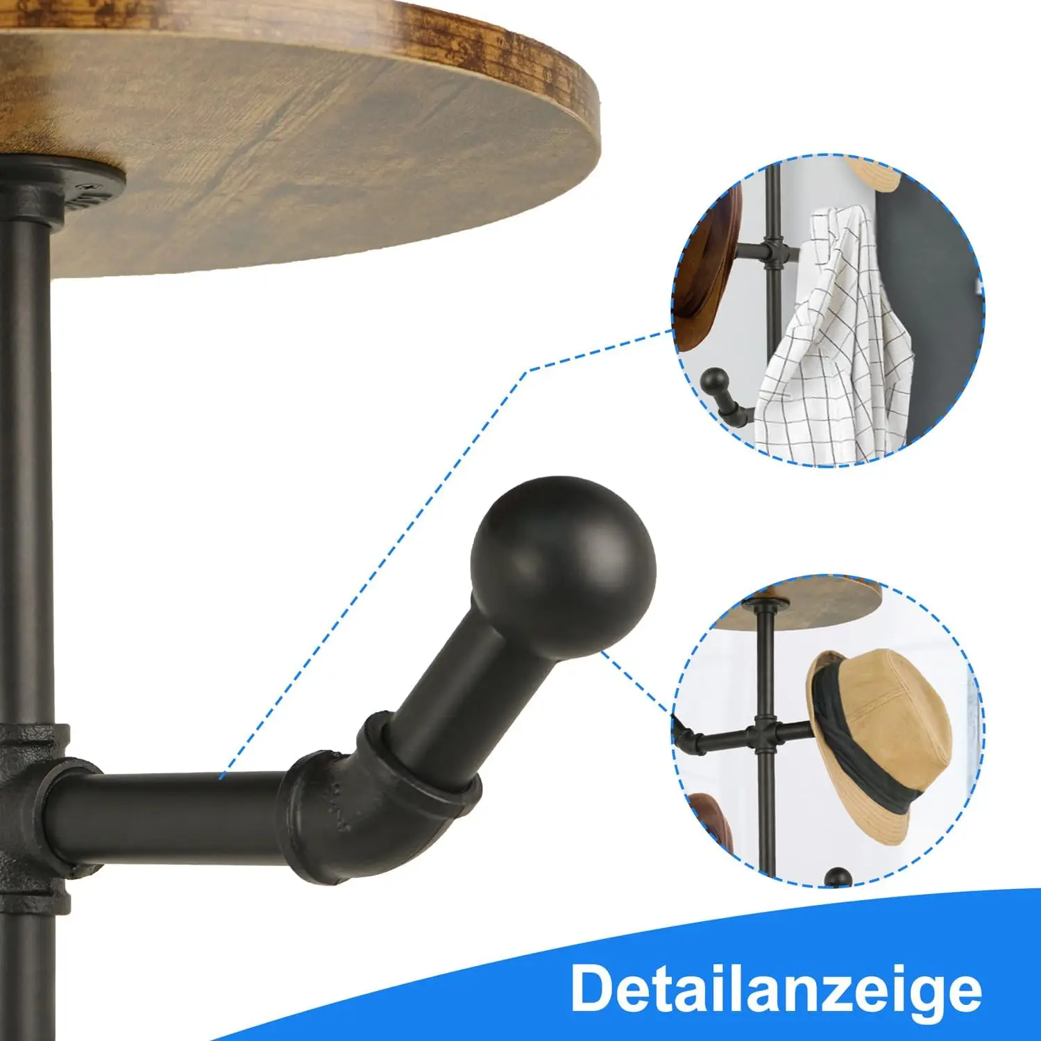 Uyoous-Hat Rack com Rodas, Industrial Display Stand, Rústico Metal Pipe Hat Rack, Independente, 5 Camadas