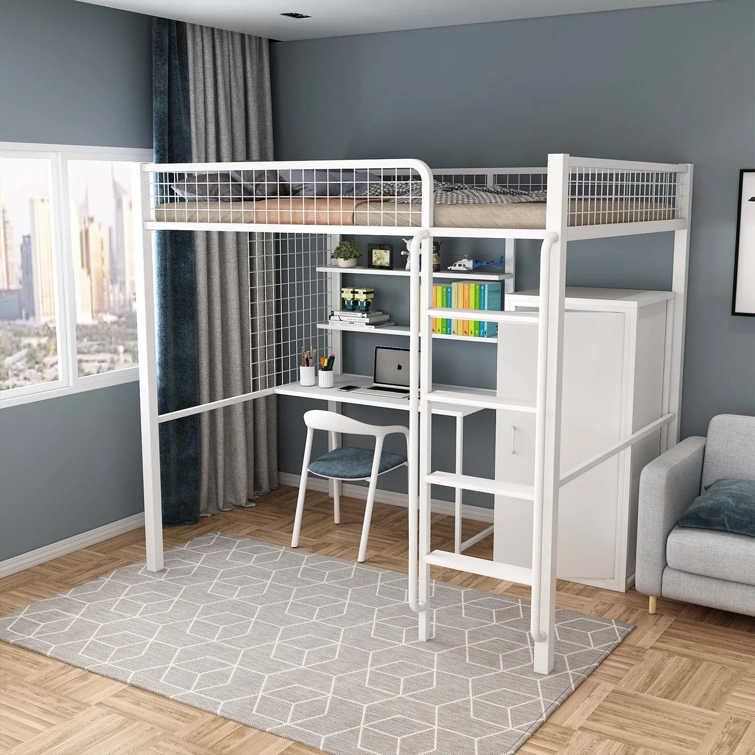 School Dormitory Apartment Metal Loft Bed Adult Bunk Bed With Wardrobe Desk And Shelf Customization view 2