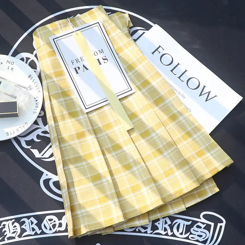 Yellow Pleated Skirt Summer All-match Plaid High Waist A-line Skirt Women Clothing Preppy Style Printing Lolita Style Skirts