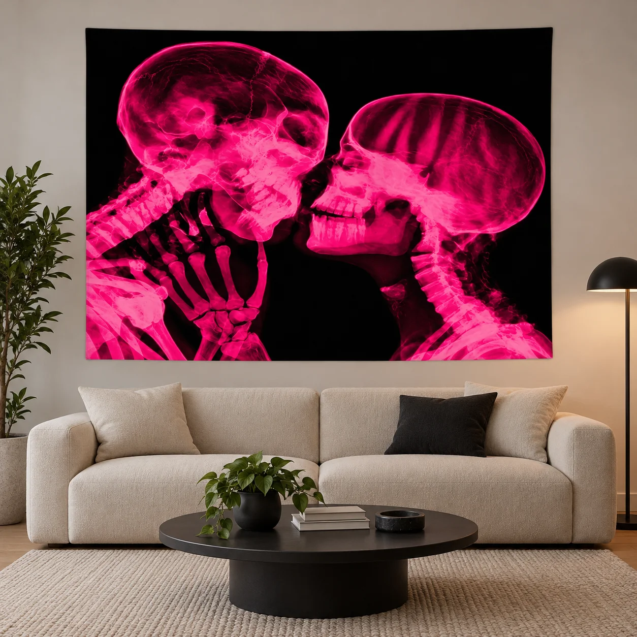 Unique Pink Neon Skull X-Ray Tapestry, Skeleton Pattern Wall Hanging, Modern Decor for Bedroom, Living Room, Music Room No lumin