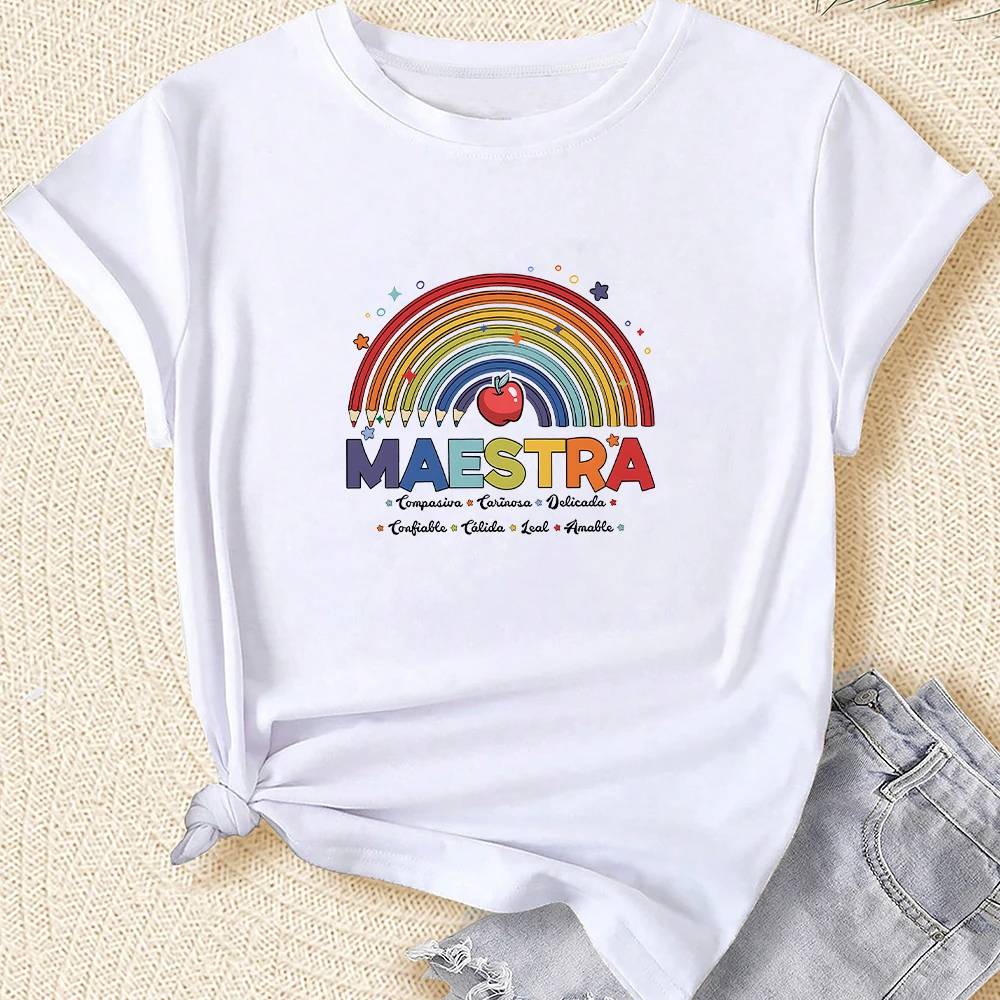 Rainbow Pattern Spanish Teacher Shirt Summer Short Sleeve Casual Clothes Back To School Gifts Spanish Teacher Maestra Tee Tops