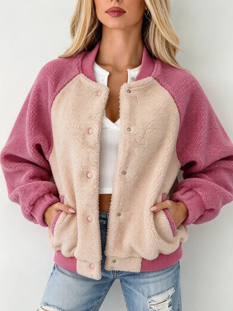 Sherpa Flight Jacket Women Raglan Sleeve Teddy Fleece Coat Stand Collar Loose Fit Warm Fluffy Jacket With Pockets Casual Outwear