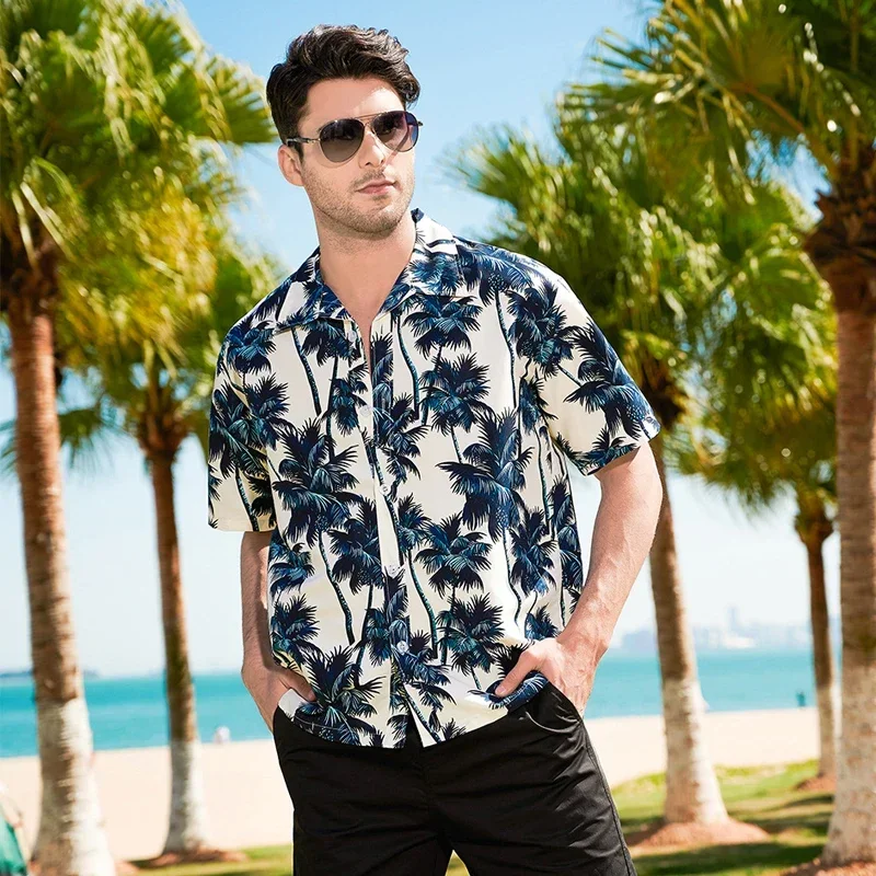 Summer Aloha Hawaiian Shirt Men Clothing Coconut Tree Printed White Short Sleeve Shirts Mens Beach Wear Blouses Tops Male