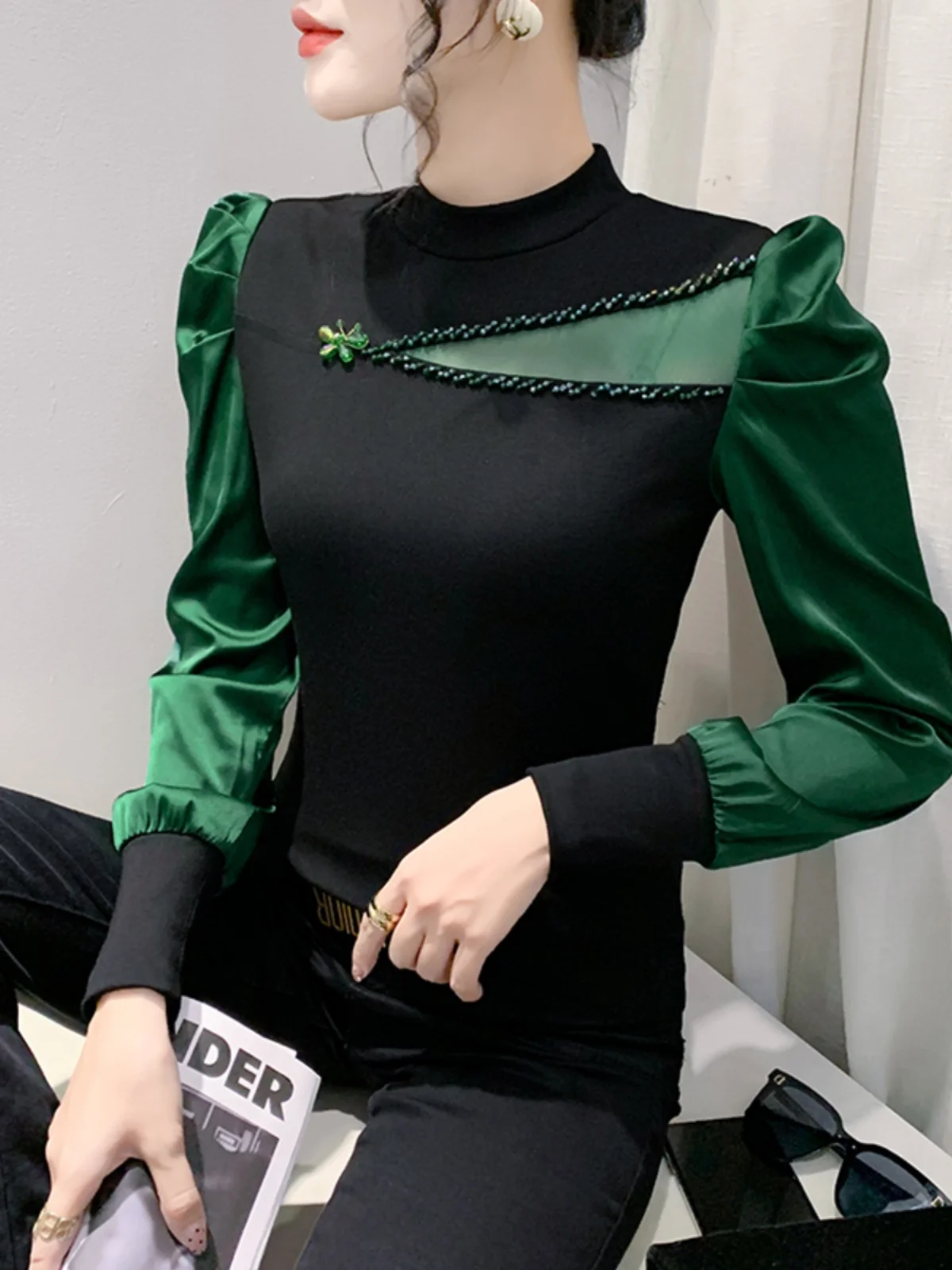 Women Full Puff Sleeve Beading Cotton T-shirts Girl Patchwork Contrast Color T Shirt Female Autumn Top