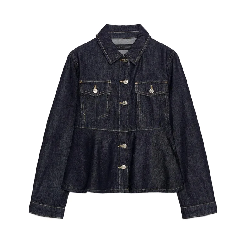 

Fall New Women's A-Line Hem Bubble Long Sve Collar Denim Jaet Outerwear Polyester Fiber Ladies Faion European Sle