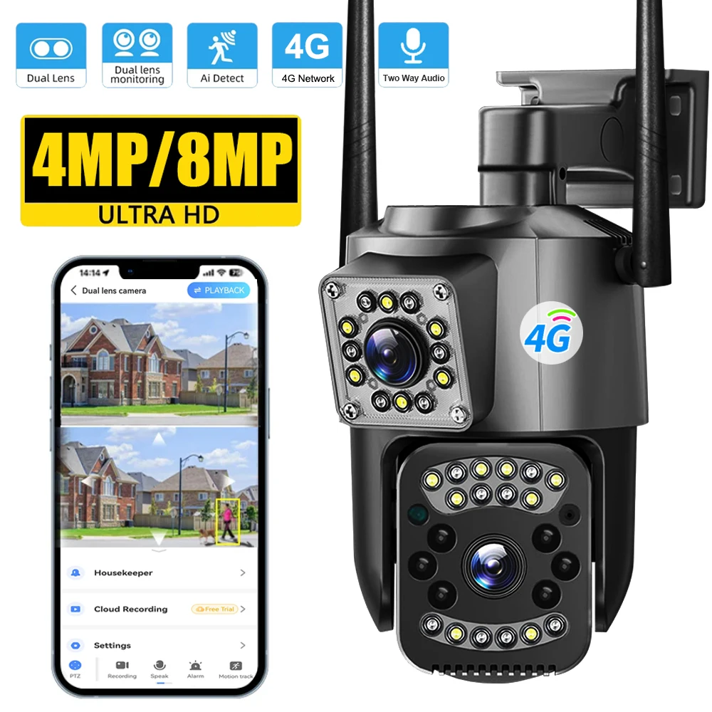 4G Sim Card Camera 8MP 4K Dual Lens Outdoor PTZ IP Cameras Night Vision Security Protection Wireless CCTV Net Video Surveillence