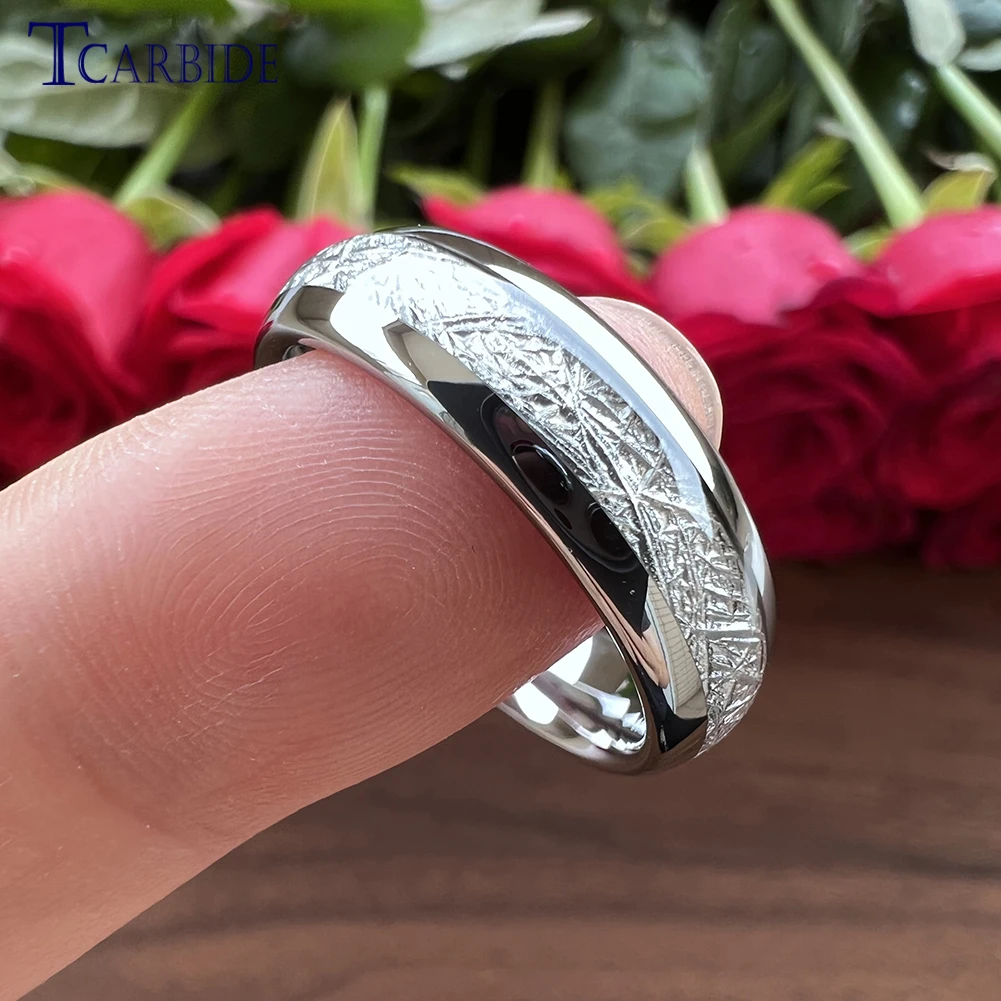 4MM 6MM 8MM Men Women Tungsten Engagement Wedding Band Bright Meteorite Inlay Valentine\'s Day Gift Jewelry Comfort Fit