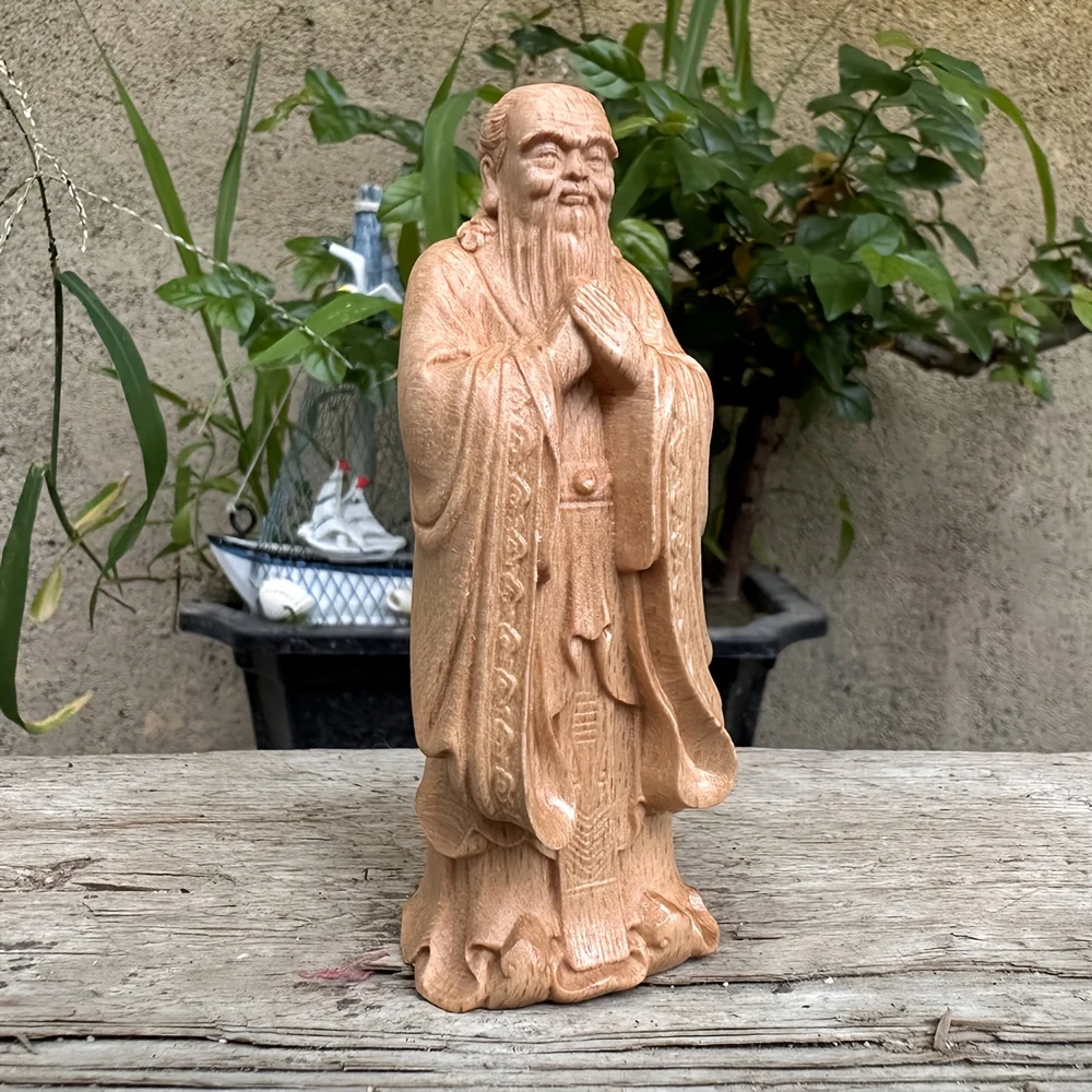 Wooden Confucius Statue, Hand-Carved Craftsmanship, Chinese Style, Suitable for Study Rooms, Offices, Bookshelf Decorations, Bedroom Cabinets, Car Ornaments, and Living Rooms