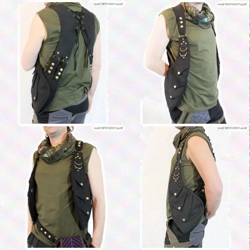 Cool Functional Wearable Under‑Arm Chest Bag Multi‑Layer Pocket Rivet Metal‑Ring Adjustable Shoulder Harness Halloween Cosplay