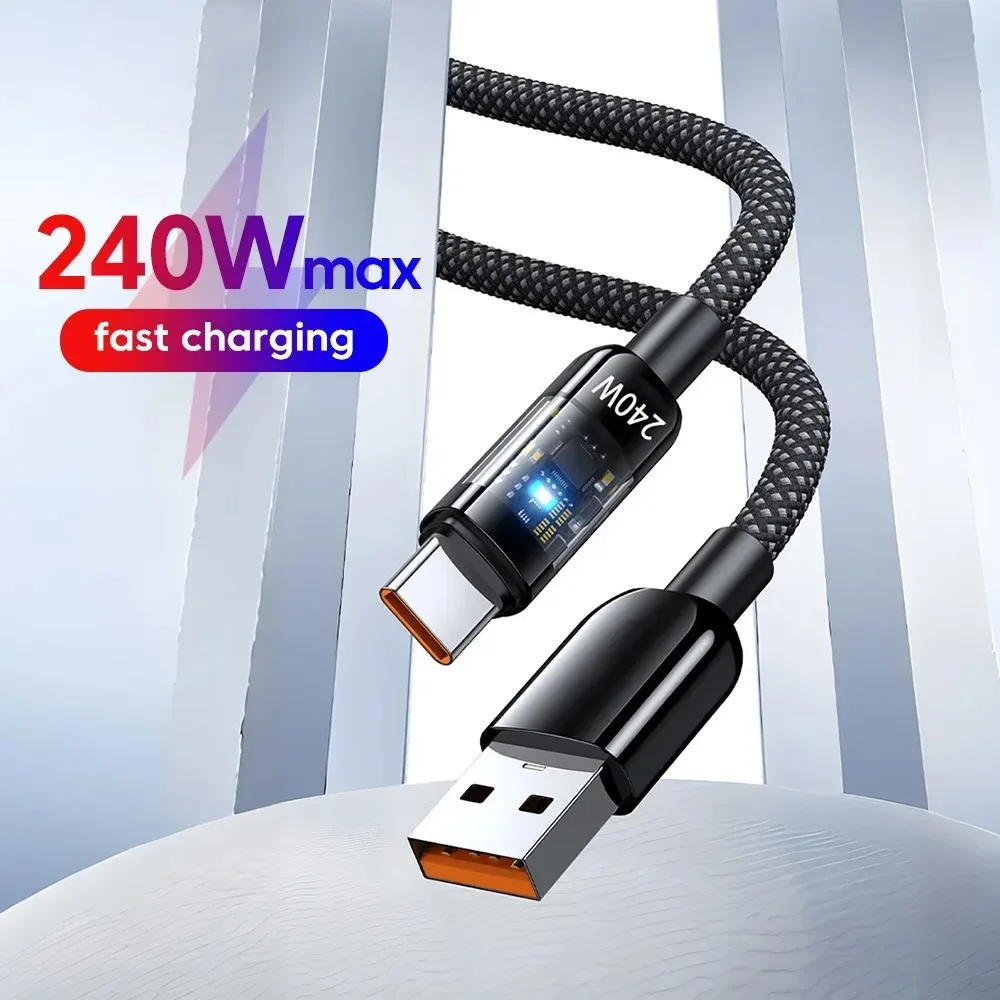 Cabo de Carregamento Super Rápido USB para Tipo C 240W QC 3.0 LED Carregador USB C para Celular Cabo de Dados para Samsung Xiaomi 17 Huawei OPPO
