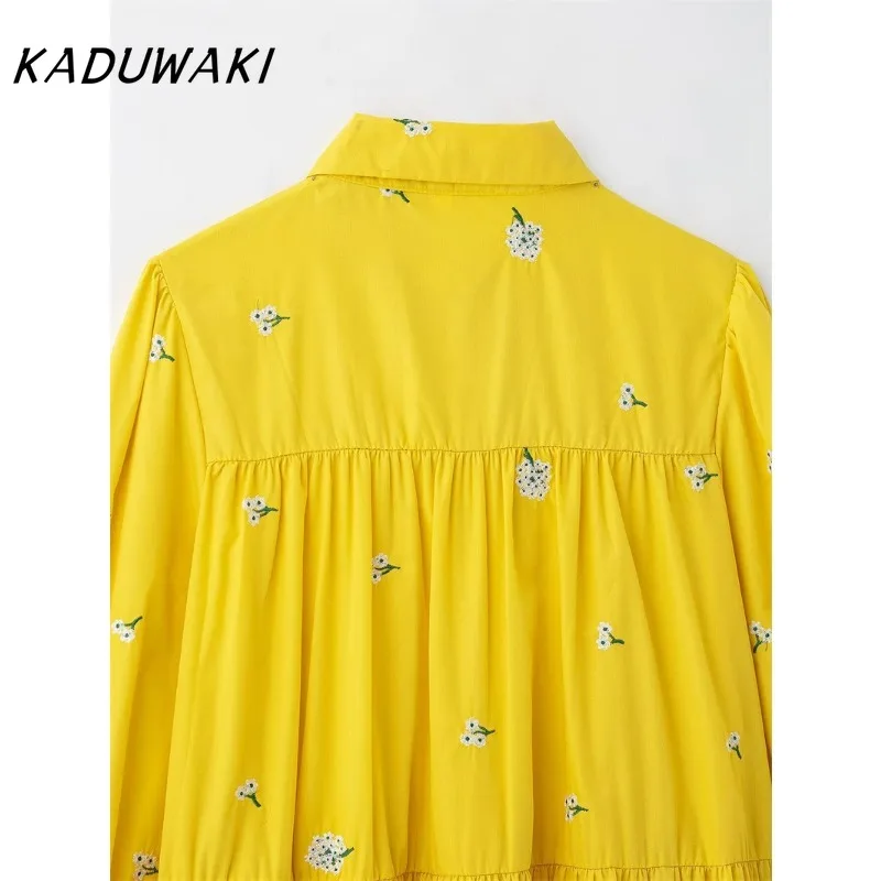 KADUWAKI Elegant European and American Style Women's Fashion Casual Lapel Long Sleeved Single Breasted Embroidered Shirt Skirt