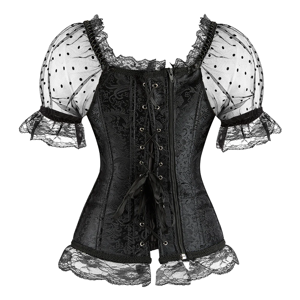 Lace Short Sleeve Overbust Corsets for Women Lolita Princess Floral Bodice Bustier Tops Shirt