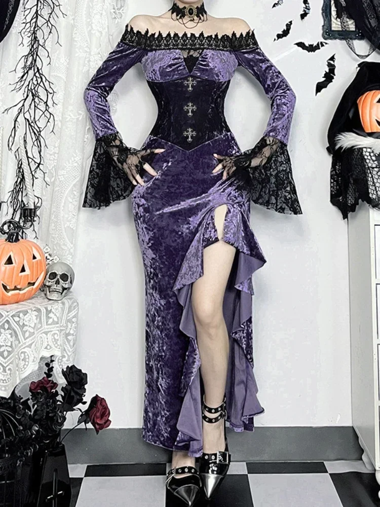 2025 New Retro Fairycore Gothic Purple Dress Partywear Vintage Aesthetic Elegant Lace Patchwork High Waist Cross Corset Dresses