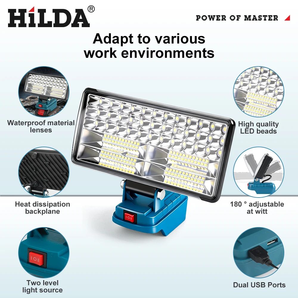 

HILDA Cordless LED Work Light 4/8 inch Flashlight Portable Camping Lamp Outdoor 2 Levels Adjustable LED Light for Makita Battery