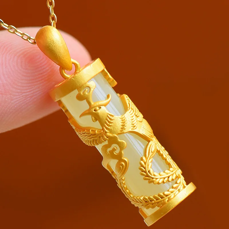 Naturalny Jadeitowy Wisiorek Smok i Feniks Naszyjnik Prezent dla Kobiet Amulet Projektant Prawdziwa Biżuteria Luksusowe Kamienne Talizmany Szczęśliwe