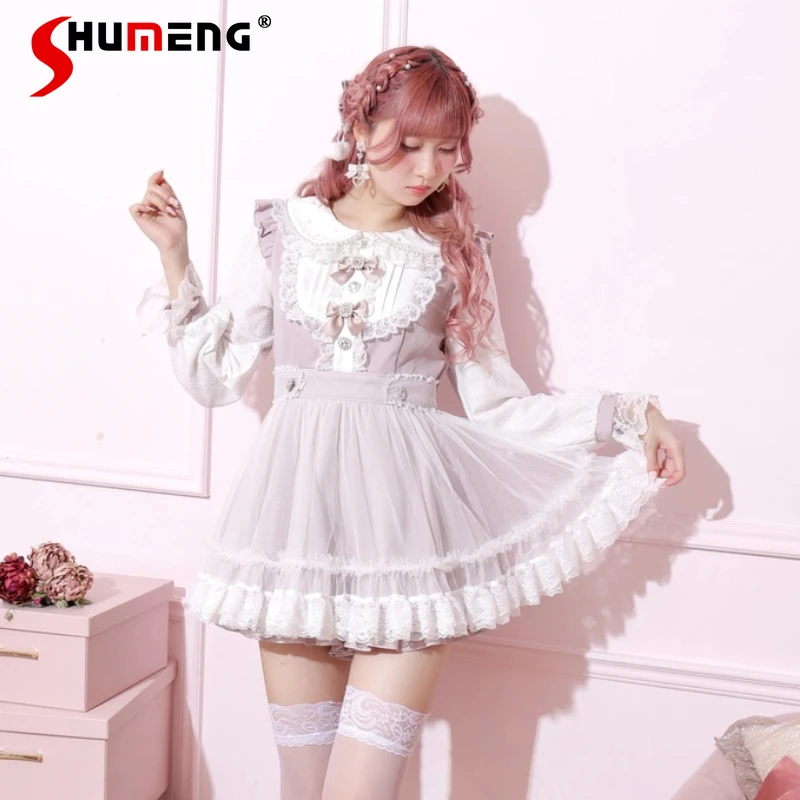 

Japanese Mine Series Sweet Girls Pink Lolita Dress Outfit Summer New Women's Cute Lace Mesh Splicing Dress+Shorts 2 Piece Sets